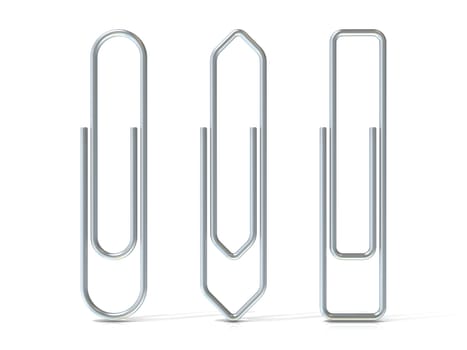 Paper clips isolated over white background, Three basic shapes. Silver