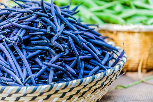 Green blu beans in a wicker basket at french market