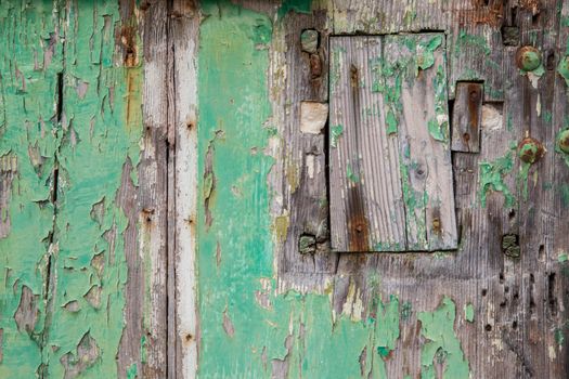 Green weathered and ruined wood door
