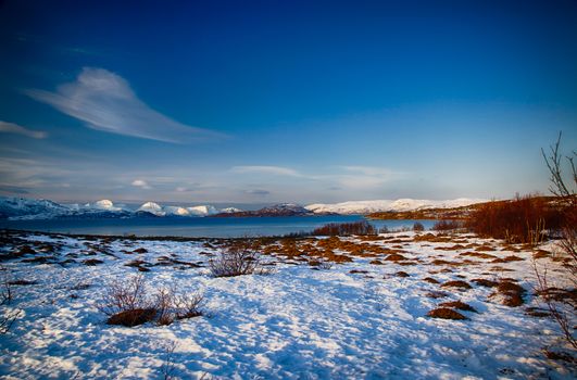 Isolated home and beach on a snowy lake