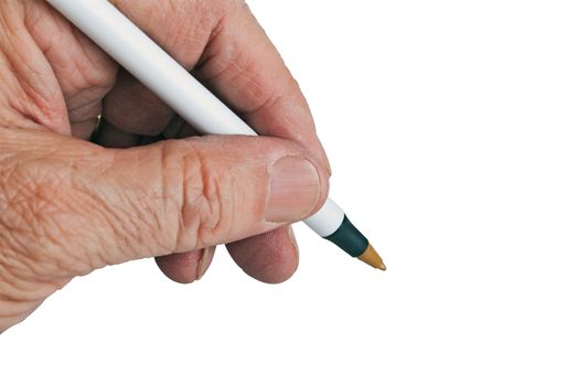 Elderly male left hand ready to start writing. Isolated on a white background