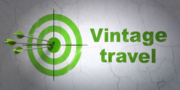 Success travel concept: arrows hitting the center of target, Green Vintage Travel on wall background, 3D rendering