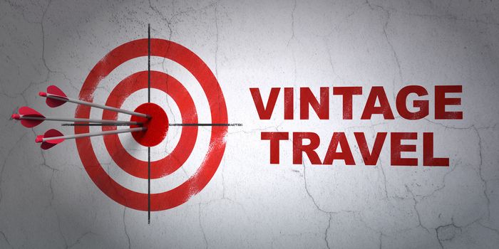 Success travel concept: arrows hitting the center of target, Red Vintage Travel on wall background, 3D rendering