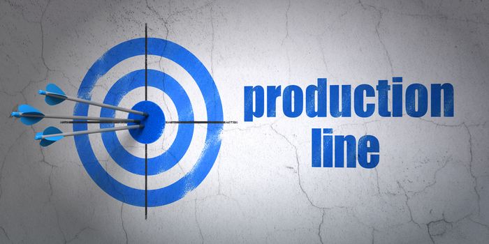 Success Manufacuring concept: arrows hitting the center of target, Blue Production Line on wall background, 3D rendering