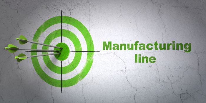 Success Manufacuring concept: arrows hitting the center of target, Green Manufacturing Line on wall background, 3D rendering