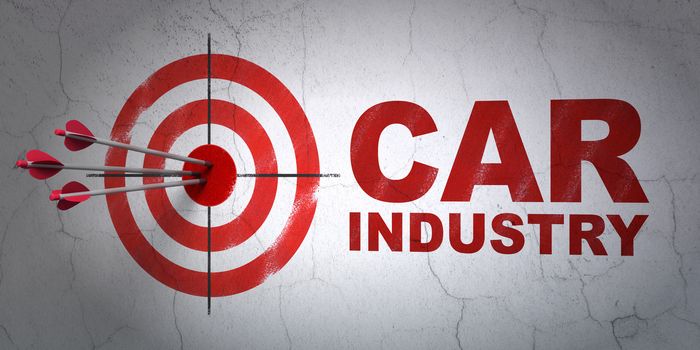 Success Manufacuring concept: arrows hitting the center of target, Red Car Industry on wall background, 3D rendering