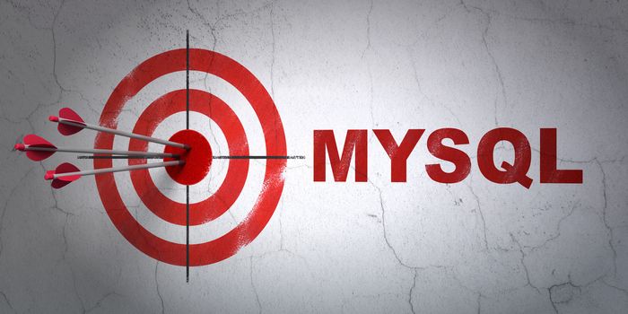 Success Programming concept: arrows hitting the center of target, Red MySQL on wall background, 3D rendering