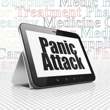 Healthcare concept: Tablet Computer with  black text Panic Attack on display,  Tag Cloud background, 3D rendering