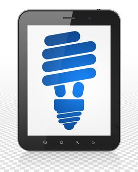 Business concept: Tablet Pc Computer with blue Energy Saving Lamp icon on display, 3D rendering