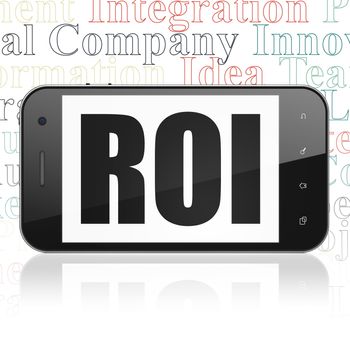 Finance concept: Smartphone with  black text ROI on display,  Tag Cloud background, 3D rendering