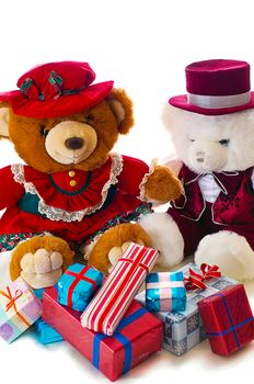 Two soft cuddly teddy bears share presents with each other on Christmas morning. Isolated on white