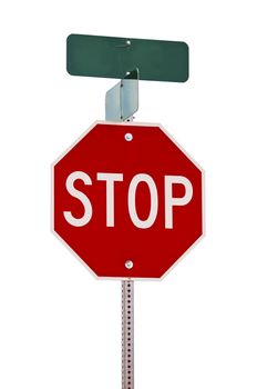 Stop sign with street signs on top. Isolated on white with a clipping path