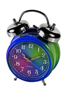 Retro style alarm clock with bells on the top, isolated on a white background with a clipping path.