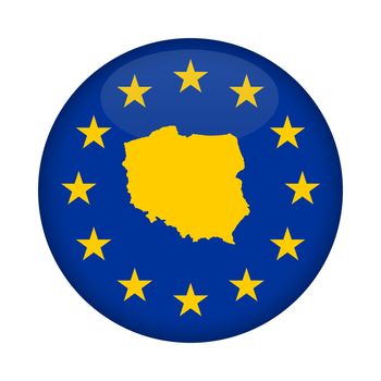 Poland map on a European Union flag button isolated on a white background.