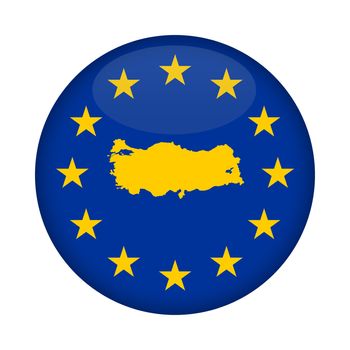 Turkey map on a European Union flag button isolated on a white background.