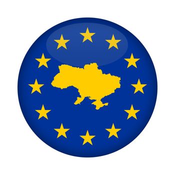Ukraine map on a European Union flag button isolated on a white background.