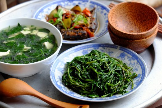 Vietnamese food, fish sauce, boiled vegetable and vegetables soup.Dinner time is family meal and happy time, a traditional culture