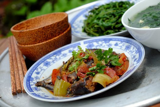 Vietnamese food, fish sauce, boiled vegetable and vegetables soup.Dinner time is family meal and happy time, a traditional culture