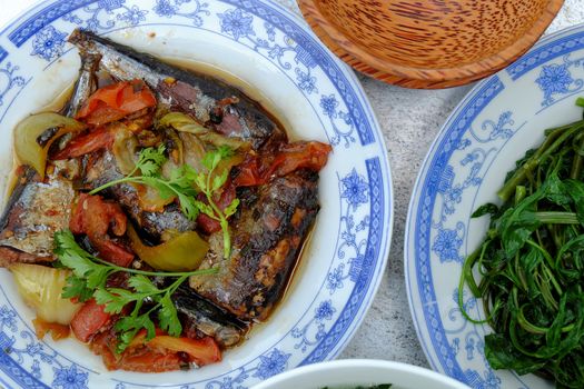 Vietnamese food, fish sauce, boiled vegetable and vegetables soup.Dinner time is family meal and happy time, a traditional culture
