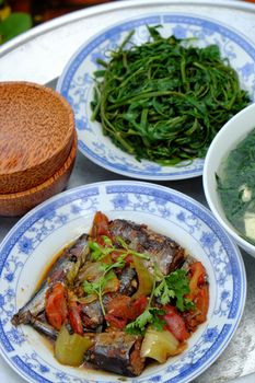 Vietnamese food, fish sauce, boiled vegetable and vegetables soup.Dinner time is family meal and happy time, a traditional culture