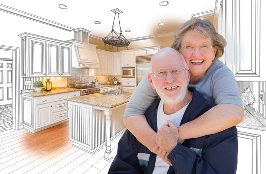 Happy Senior Couple Over Custom Kitchen Design Drawing and Photo Combination.