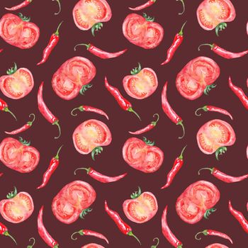 Seamless kitchen texture with red vegetables on maroon background