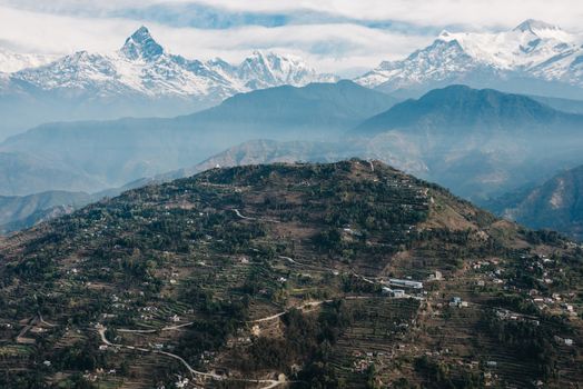 Sarangkot hill and the Machapuchare aerial view, Nepal