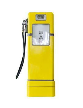 Old yellow petrol gasoline pump isolate on white background