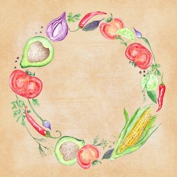 Circle vegetarian frame made of tomatoes, chilly, onion, avocado and parsley for menu, kitchen print design