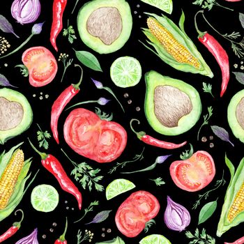 Seamless texture with detailed hand-painted vegetables and spices on black background