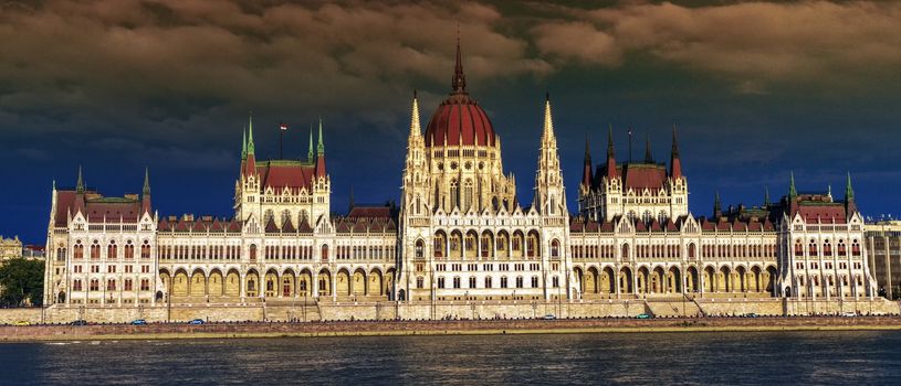 Colorful sunset on Hungarian Parliament Building in Budapest, Hungary