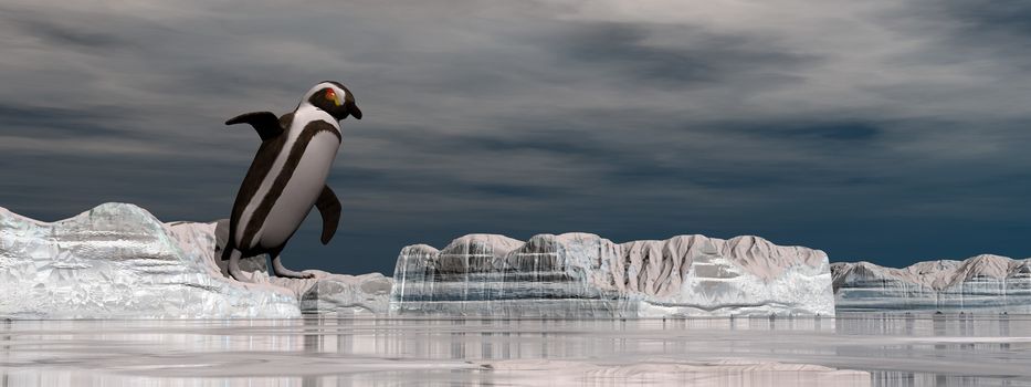 Penguin jumping into the water from the iceberg - 3D render