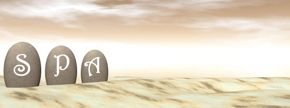 SPA letters on stones in the desert by brown sunset - 3d Render