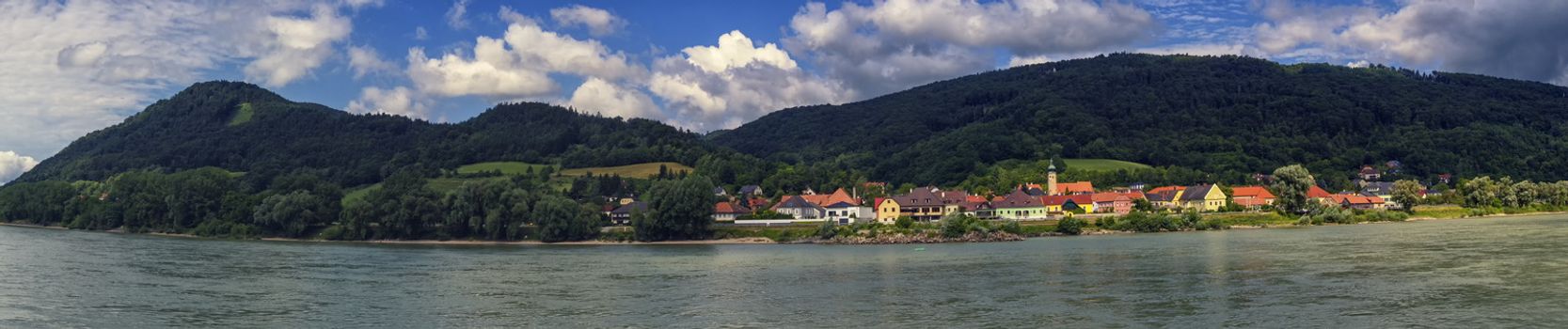 Panoramic view on the village of Willendorf on the river Danube in the Wachau region by day, Austria