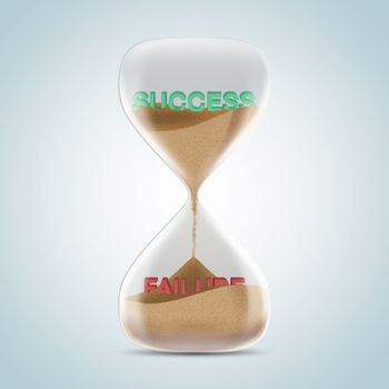 Opposite wording concept in hourglass, success revealed after sands fall and covered failure text. 3d illustration.