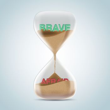 Opposite wording concept in hourglass, brave revealed after sands fall and covered afraid text. 3d illustration.