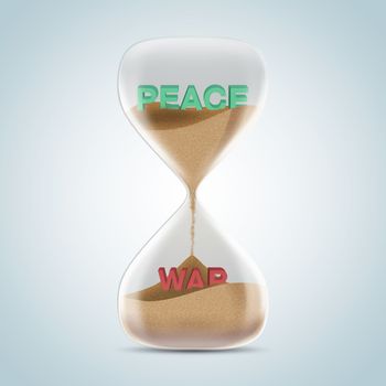 Opposite wording concept in hourglass, peace revealed after sands fall and covered war text. 3d illustration.