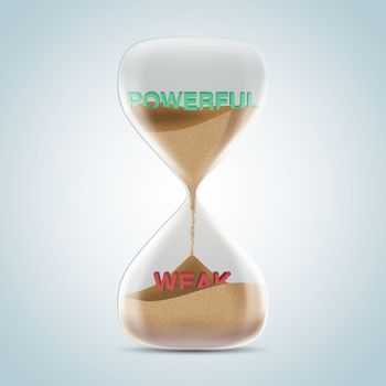 Opposite wording concept in hourglass, powerful revealed after sands fall and covered weak text. 3d illustration.