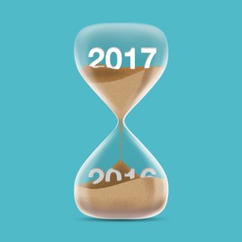 New Year 2017 concept with hourglass. Sands fall covered 2016. 3d illustration.