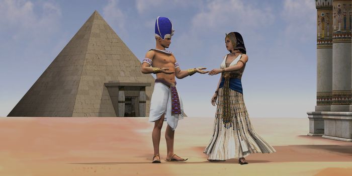 A Pharaoh talks with his queen near a pyramid and temple in the Old Kingdom of Egypt.