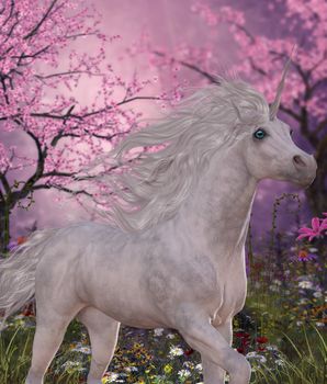 A white Unicorn mare prances through a fairy forest full of blossoming cherry trees.