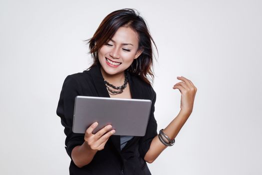 Asian working women are happy, victory signs.