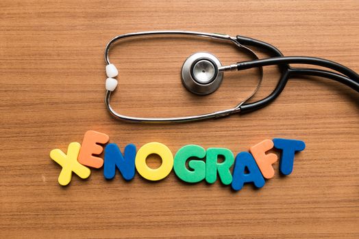 xenograft colorful word with stethoscope on wooden background