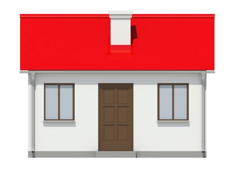 Small house with red roof on white background. Front View. 3D illustration
