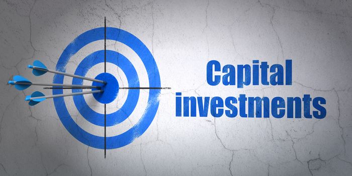 Success banking concept: arrows hitting the center of target, Blue Capital Investments on wall background, 3D rendering