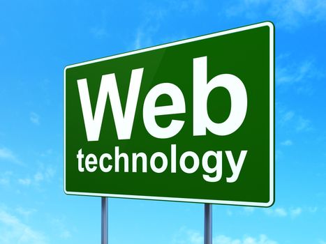 Web development concept: Web Technology on green road highway sign, clear blue sky background, 3D rendering