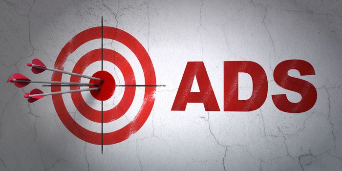 Success marketing concept: arrows hitting the center of target, Red Ads on wall background, 3D rendering