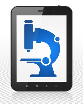 Science concept: Tablet Pc Computer with blue Microscope icon on display, 3D rendering