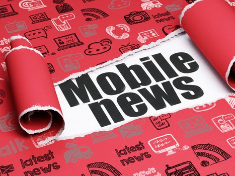 News concept: black text Mobile News under the curled piece of Red torn paper with  Hand Drawn News Icons, 3D rendering