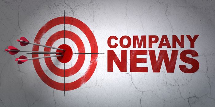 Success news concept: arrows hitting the center of target, Red Company News on wall background, 3D rendering